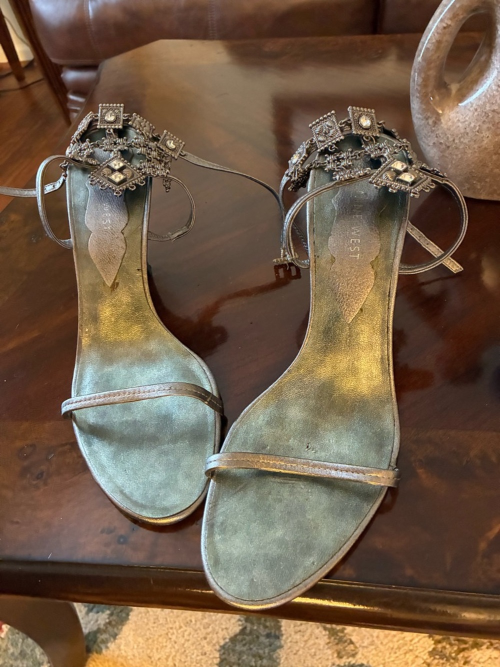 Nine West Metallic Silver Jeweled Ankle-Strap Sandals